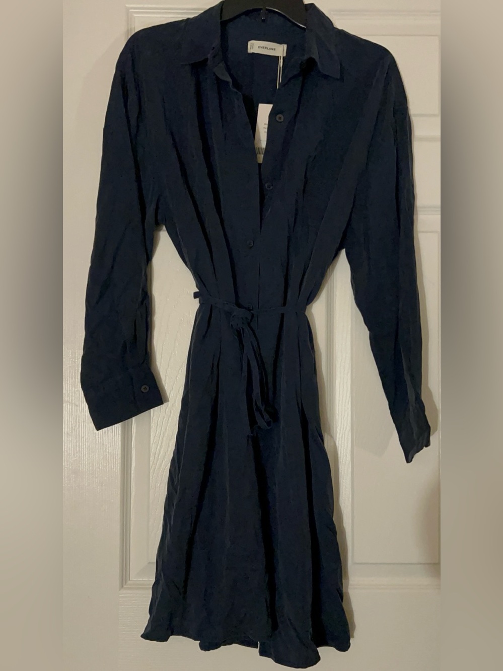Everlane Equipment Navy Long-Sleeve Shirt Dress with Tie Waist